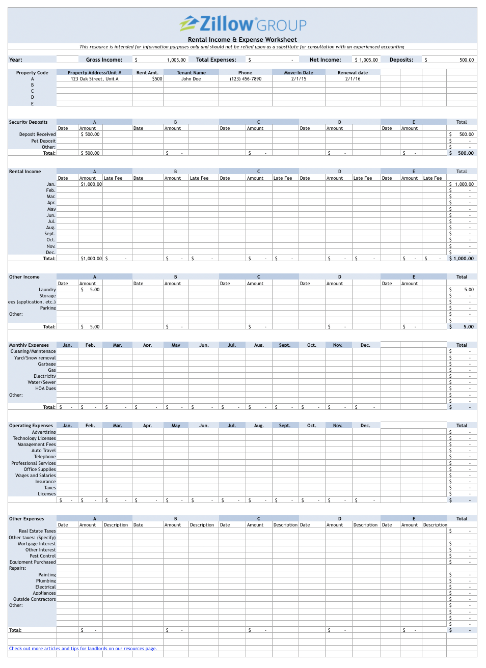 Zillow Spreadsheet Rental Income & Expense Worksheet